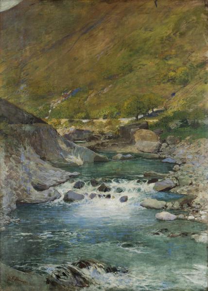 Filippo Franzoni, (Locarno, 1857 – Mendrisio, 1911), Torrente, sans date, huile sur toile, 120 × 86 cm, Collection Alexandre Boussat Bolla
